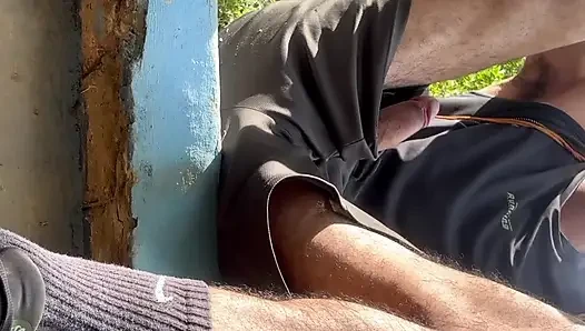 I got so horny cumming without masturbating, with my huge hairy cock in the forest with people passing by.