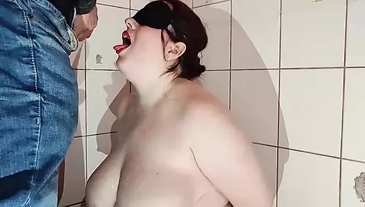 Strangers mouth pissing slave girl in the toilet