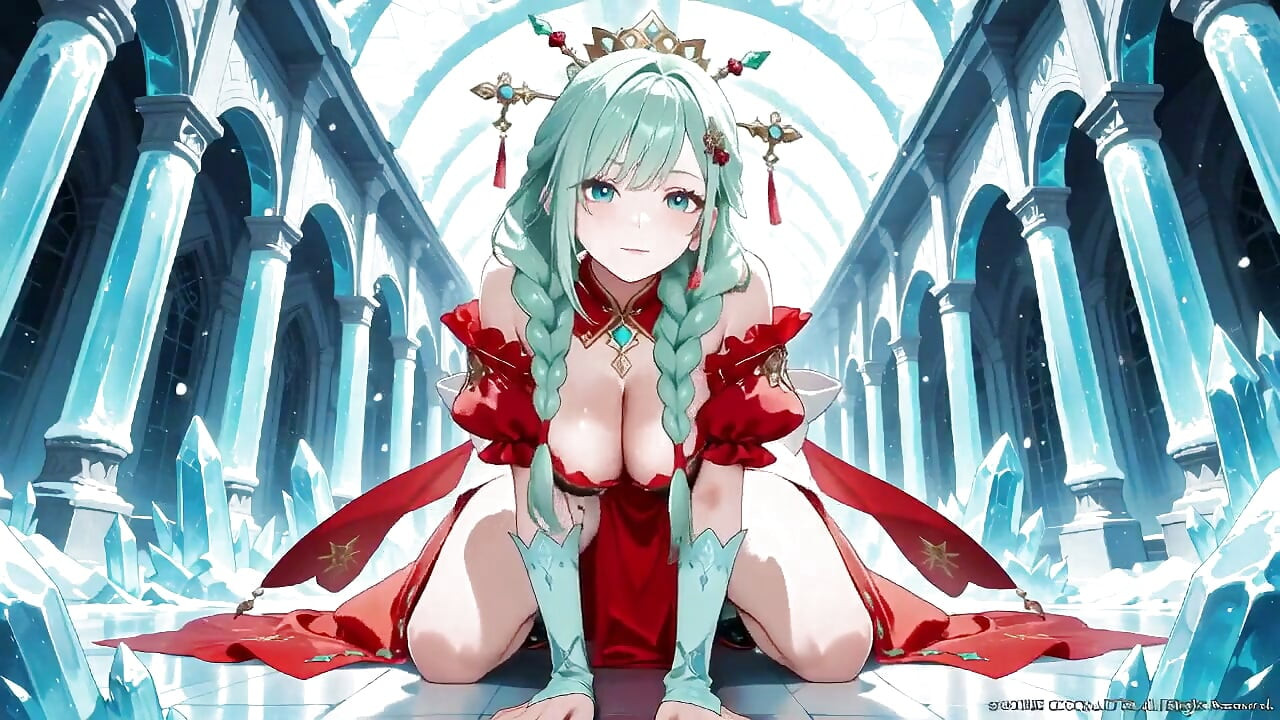 穿着红色礼服的绿头发女神跪在水晶大厅, 魔法咒语和性感的一瞥!