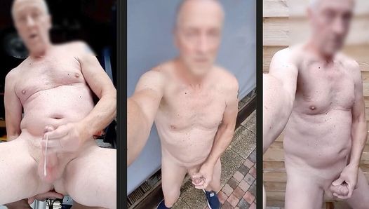 Дедушка-эксгибиционист трахает пальцами задницу на улице, секс-шоу с камшотом