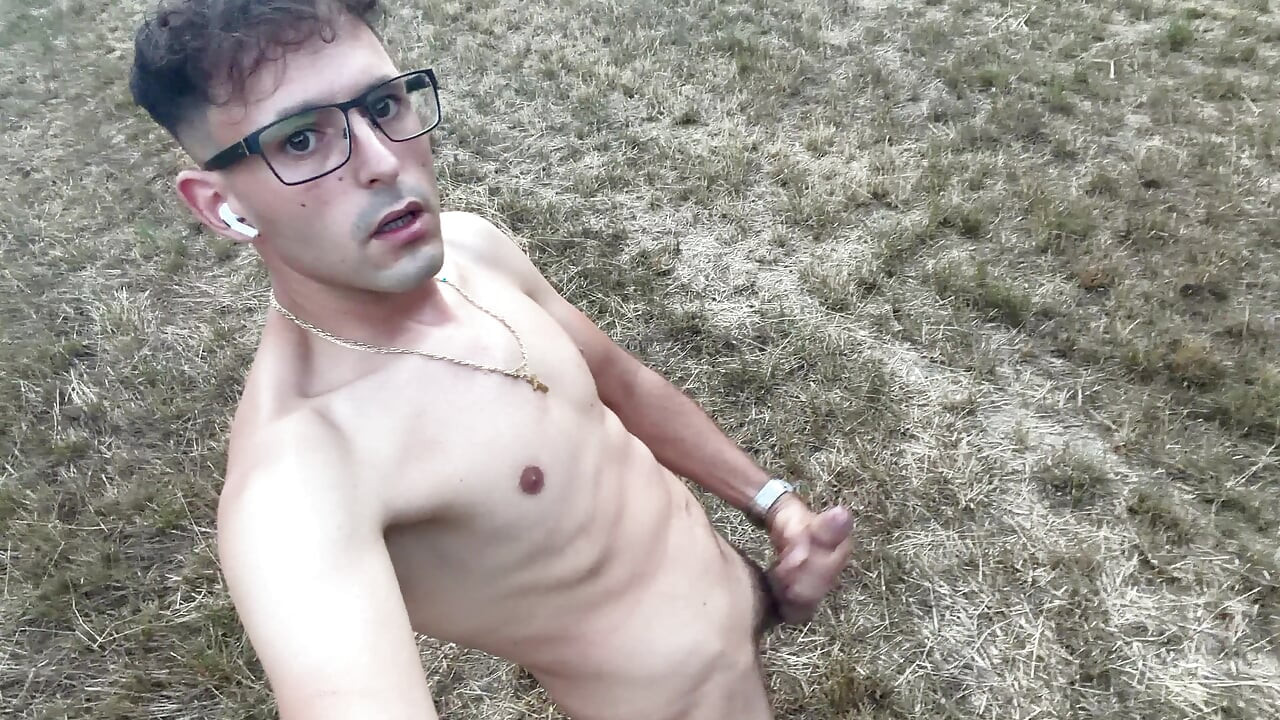 German boy jerks off naked outside and cums