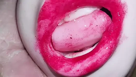Close up red lipstick blowjob and deepthroat 2