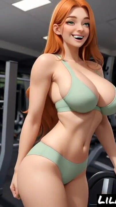 Zapanjujući trenutak iz filma "Lila Ginger u fitness sportskom klubu (Ai model)"