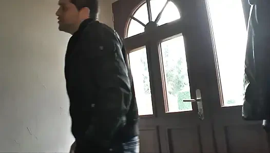 French brunette gives a juicy blowjob in a fall down house
