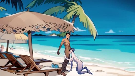 Pareja gay interracial en la playa, sexo anal hentai, animación de dibujos animados