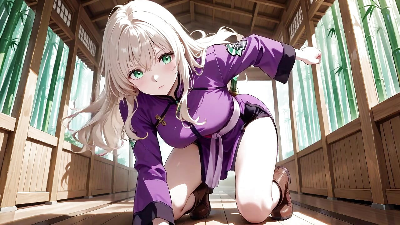 Purple Kimono Warrior! Forbidden Teasing in the Japanese Dojo. Kneeling with a sword, lifting her hem to reveal secrets.
