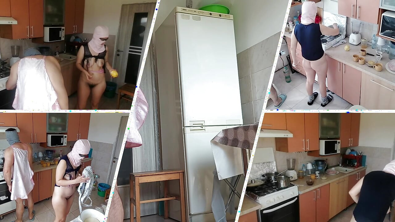 Hot amateur couple having fun in the kitchen. Sexy mom has breakfast in the bedroom, hairy pussy, big tits, big ass.