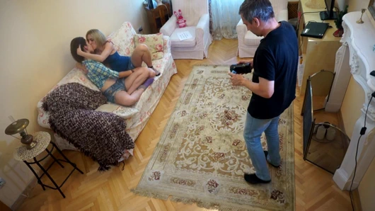 Raunchy mature man films two teen stepsisters having passionate lesbian sex