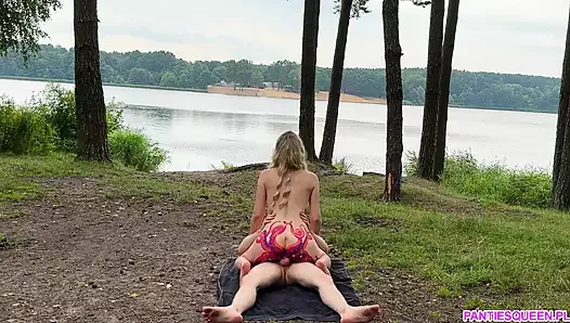 Naked blonde roughly rides big cock outdoors in forest until gets huge cumshot load on boobs