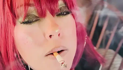Beautiful BBW Redhead Tina Snua Smokes A Cork Cigarette Close Up In PVC - OMI Snap Inhales OME Drifting Smoke