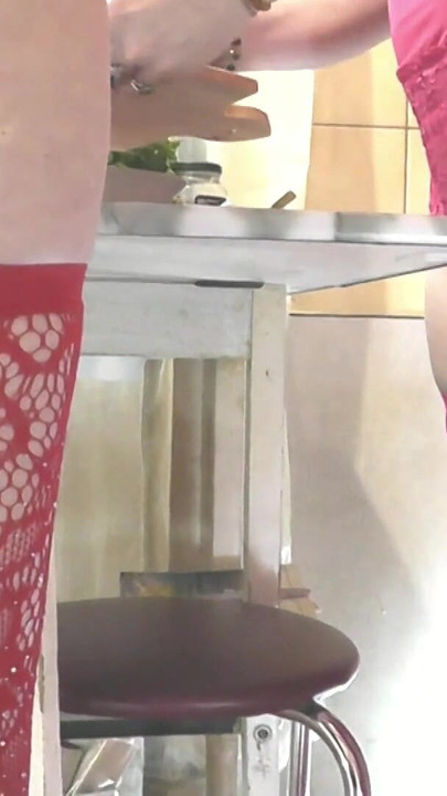 Two women. Adult mature MILF and teen virgin girl in red erotic lingerie without panties kiss on lips in kitchen. Old and young | Clip 1