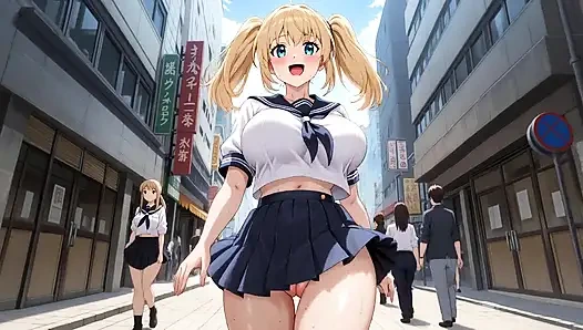 Walking on a lively street with her lower body exposed