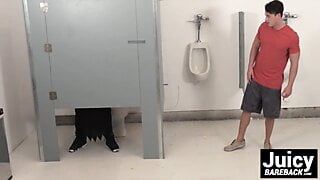 Hardcore action happening for Tobias in the public toilet