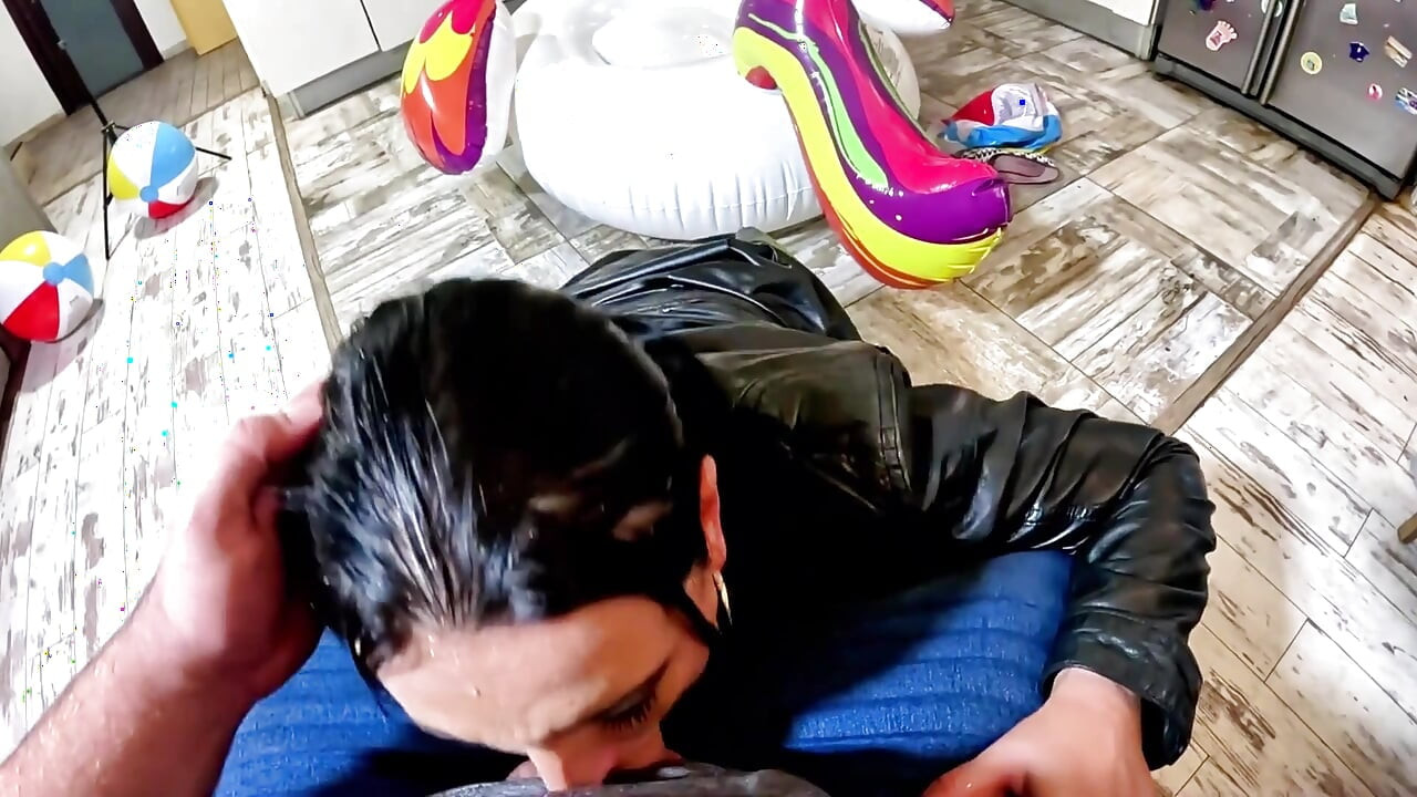 Dominant Biker Leather MILF Inflatable Office Fantasy. Beach Balls, Oral, Doggy and Cum Play