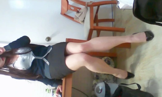 College bitch in stockings and highheels tried kinds of office style skirt looks and went to her college with anal tail plug in