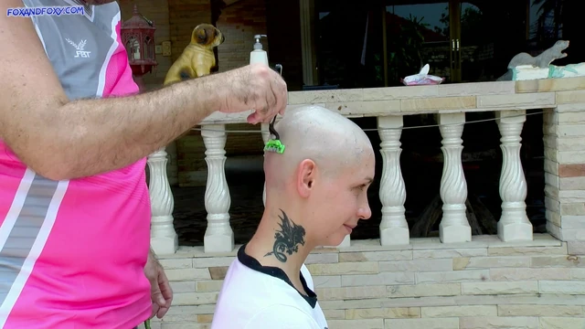 Horny smooth shaved bald girl has double penetration in all holes! MMF DP, double pussy fuck, double anal and cum on bald head