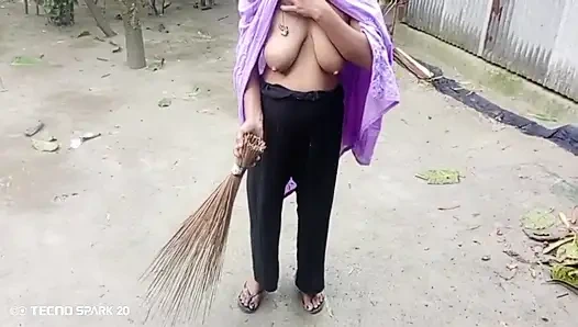 Girl Sweeping the Yard Naked in the Rain - Outdoor Scene