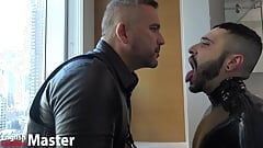 Leather Dominant spits on rubber gimps face PREVIEW