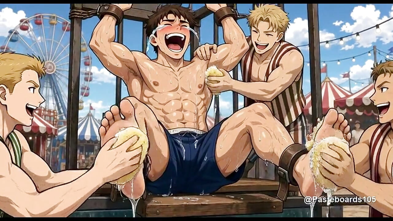 Připoutaný na sedátku karnevalové střelnice, houby a prsty na chodidlech a podpaží (2D anime)
