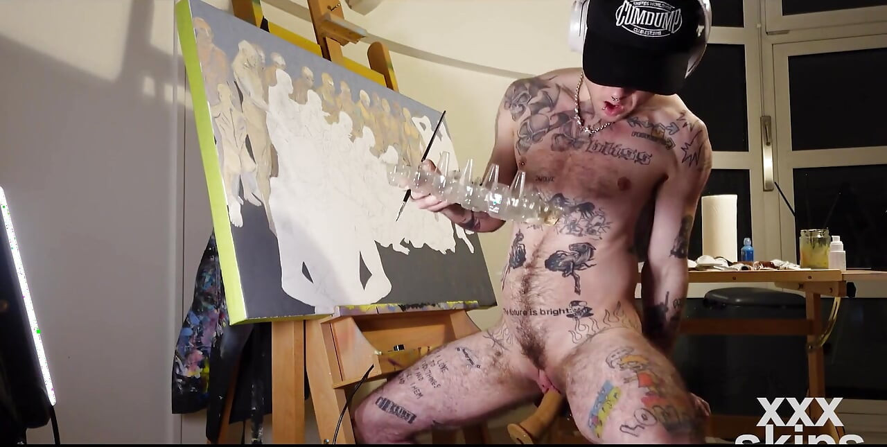 Horny Ftm Artist XXX Skips Works on a Painting While Getting His Pink Boy Pussy Pounded by a Fucking Machine