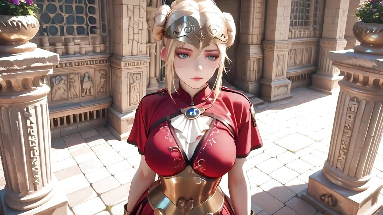 Red Armor Queen! Forbidden Gaze in the Roman Corridor, Skirt Lift Reveal, Hand on Lips Teasing You...