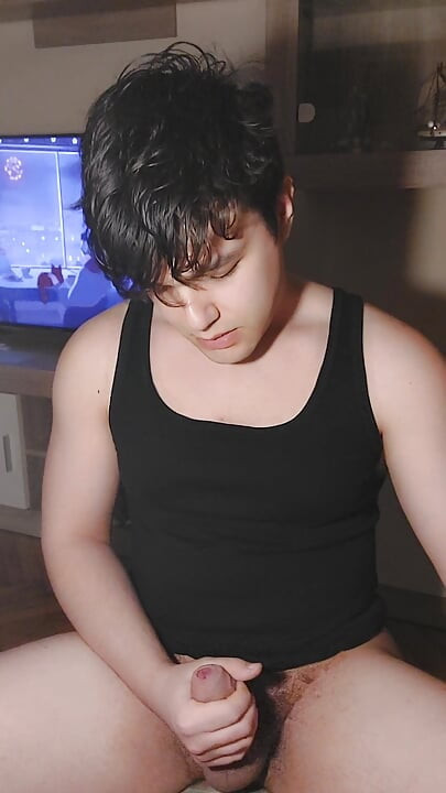 Cute brunette boi jerks off and licks precum