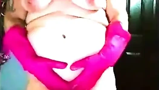 Pink rubber glove pussy fingering