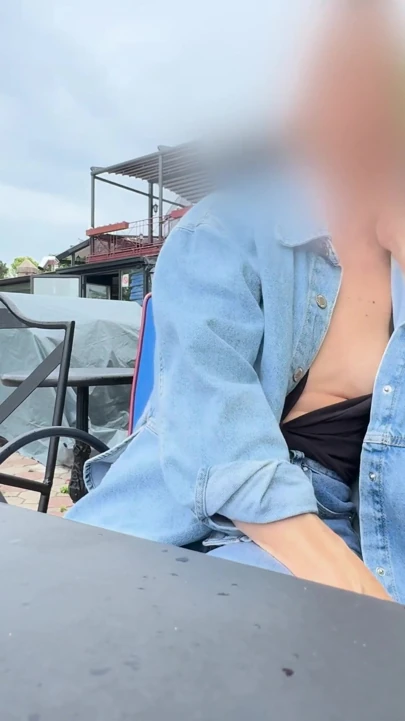 Daring exposure of my sexy boobs with pierced nipples in public bar outside | Clip 1