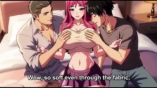 Two boy and one girl threesome in hotel room
