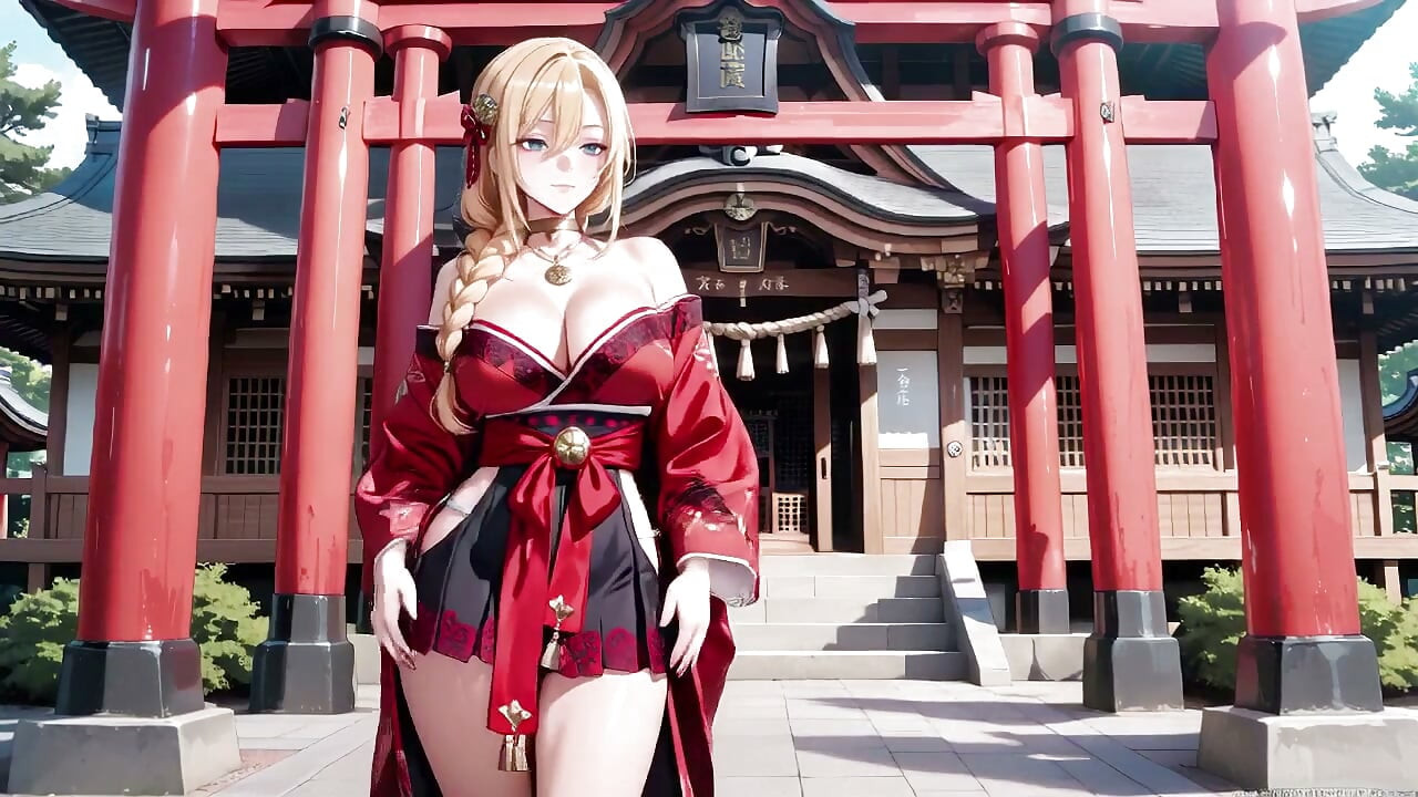 Red & Black Miko! Forbidden Shrine Prayer, High-Slit Hakama Exposure, Golden Goddess's Wet Gaze!