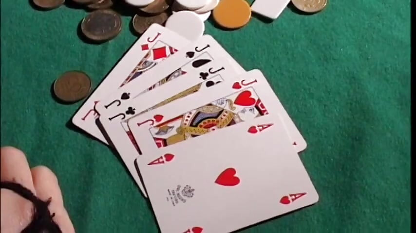 Guy wins a slut after a round of poker and fucks her on the table