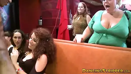 Horny babes blowing strippers cocks at bachelorette party