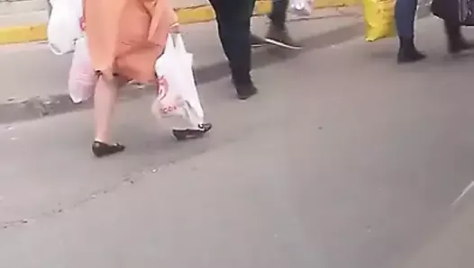 big tits with her husband on the street