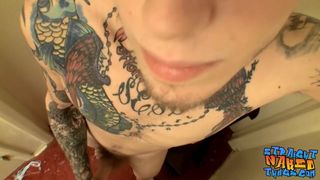 Adorable straight thug jerks off his massive dick and cums