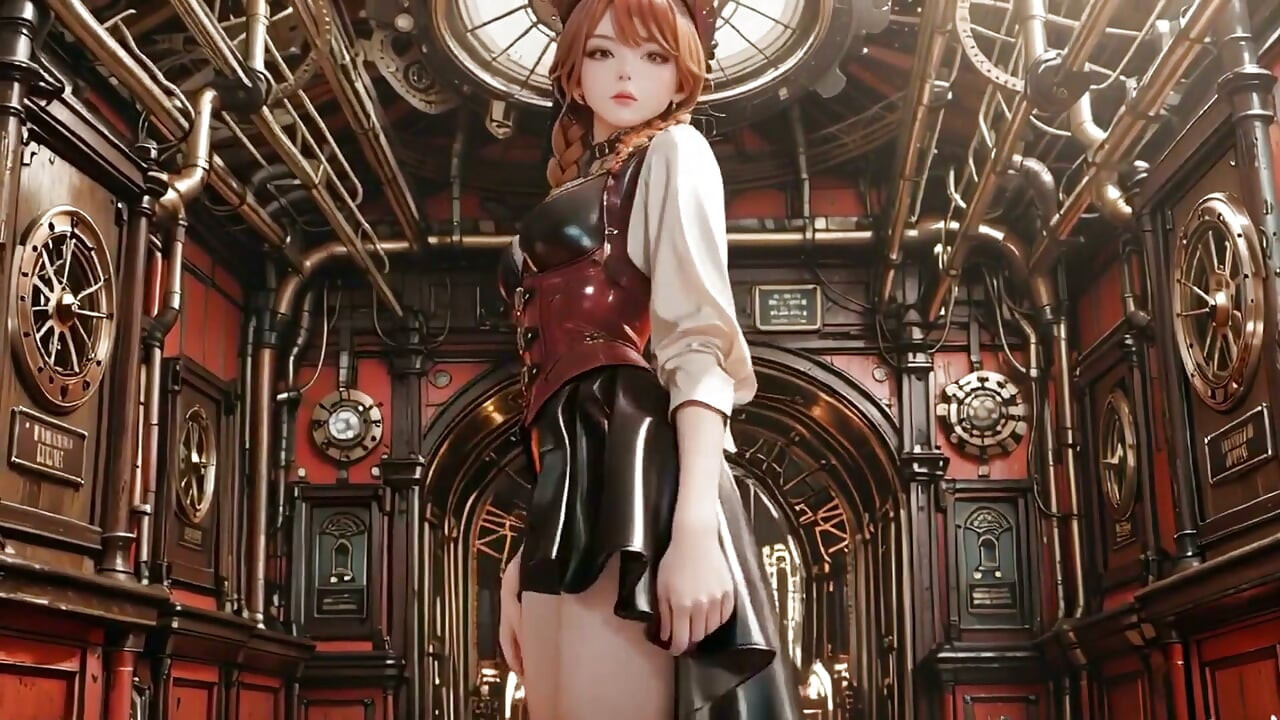 스팀펑크 공작부인! 기어 홀에서 괴롭히는 빨간 머리 기계 소녀.