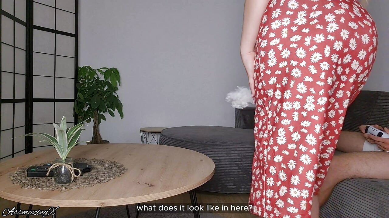 Step Mom caught Step Son with boner secretly jerking off while she cleans and helps him cum on her big round ass