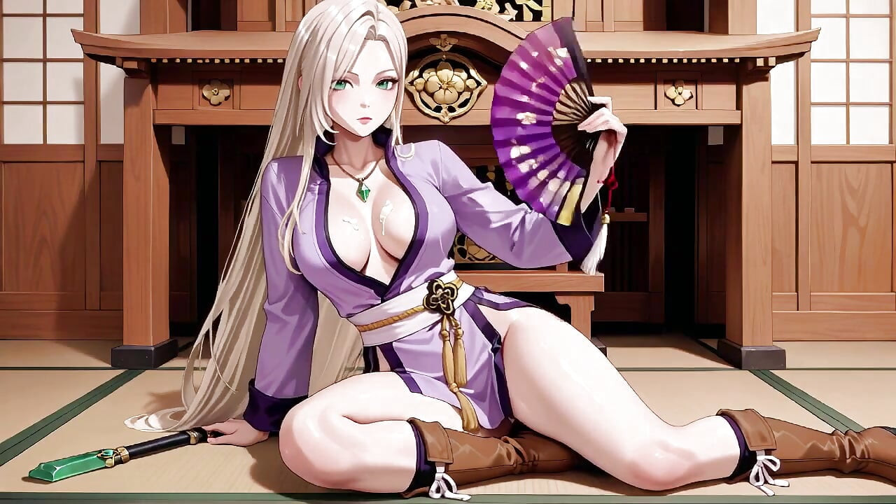 Purple Kimono Warrior! Forbidden Teasing in the Japanese Dojo. Kneeling with a sword, lifting her hem to reveal secrets.