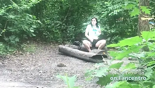 She’s pleasuring her pussy  a sweet brunette MILF in the forest, and I’m secretly watching her!