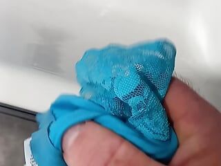 Wanking and cumshot with customers panties