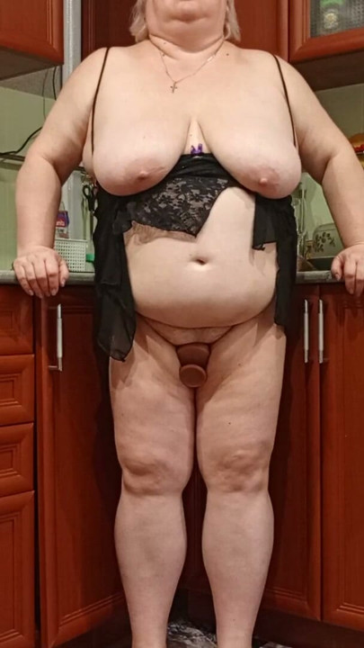 Mother-in-law masturbates with sex toys in the kitchen | Clip 2