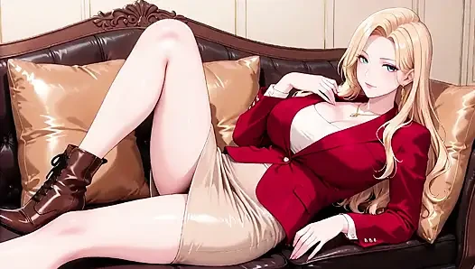 Blonde Ceo in Red Suit! Lazy Secrets on the Leather Sofa, She's Giving You Those Eyes