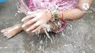 Indian house wife bathing outside with sex
