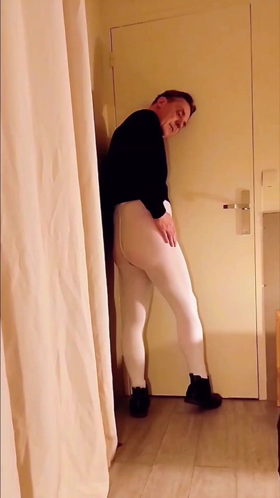 Arousal in white open pantyhose