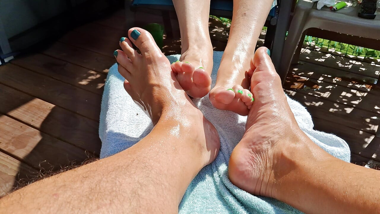 Massage oil on our feet for us while we relax