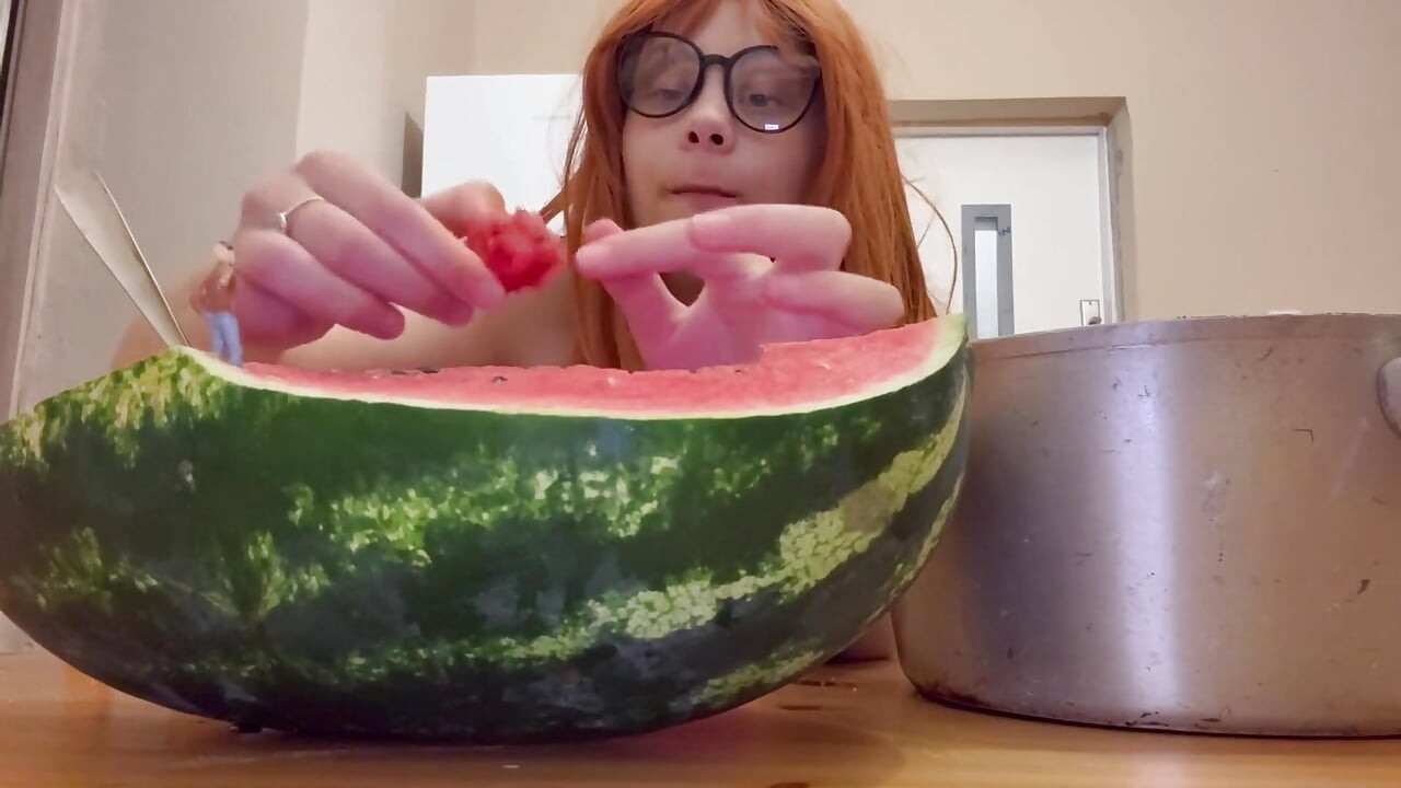 Giantess Stepsister Eats Watermelon and Is Really Horny While Tiny Stepbrother Watches Giantess Stepsister Eat