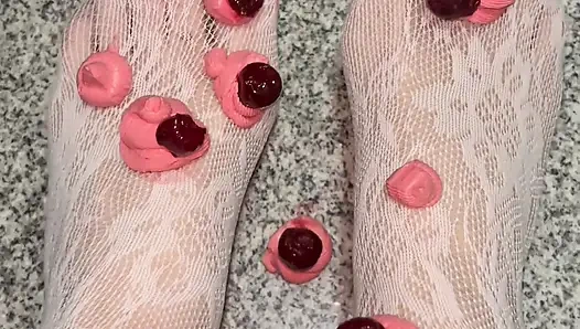 Playing with a whipped cream with my legs in white stockings