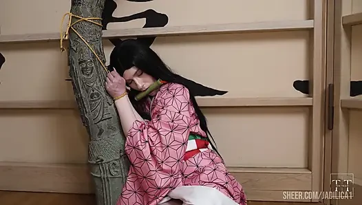 Cute Pixie Lesbian Playing Scissor with a Nezuko Kamado. Demon Slayer