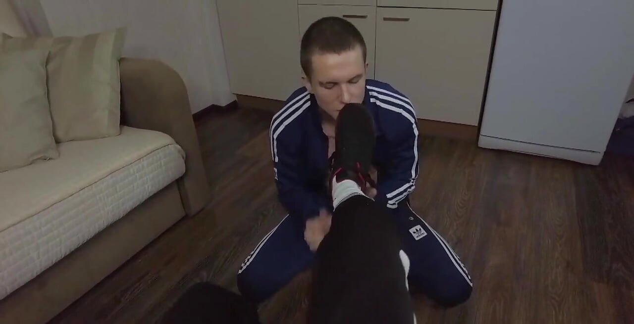 Part 1 ! My master smacks me , making me lick his sneakers and then sniff them, after which he wants me to lick his dirty socks