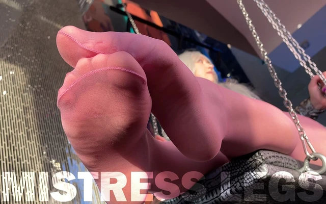 Goddess Cute Feet in Thin Sheer Pink Pantyhose Swing Near Your Face