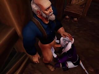 Draeneiの女の子は老人に深いフェラチオを与えます-Warcraftのパロディ